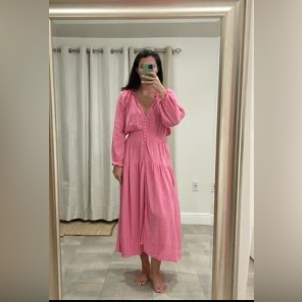 The Westside Vibrant Pink Plunge Neck Long Sleeve Sundress